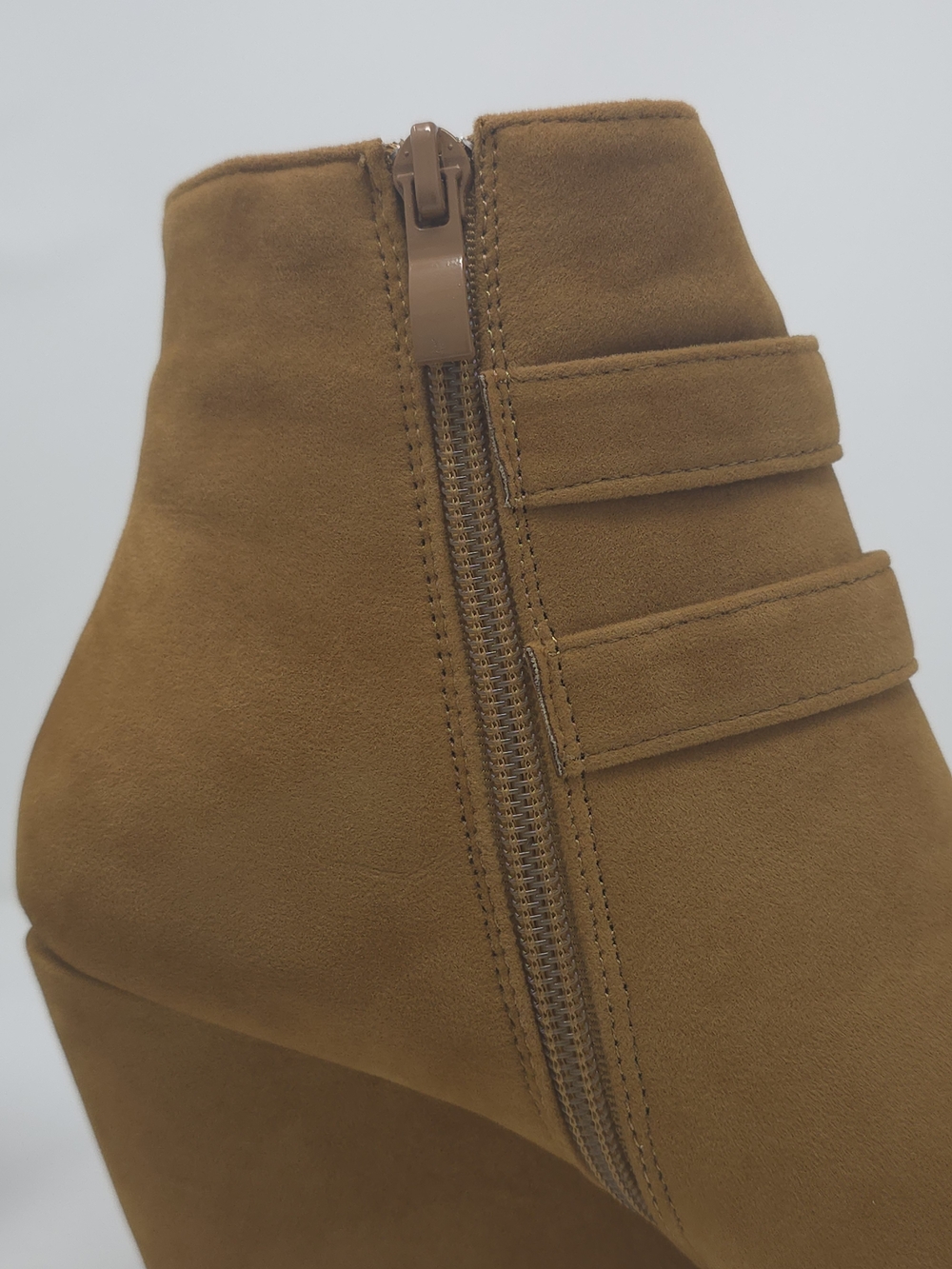 Tan Faux Suede Wedge Ankle Boots Buckle Strap Side Zip Casual Trendy - Picture 10 of 12